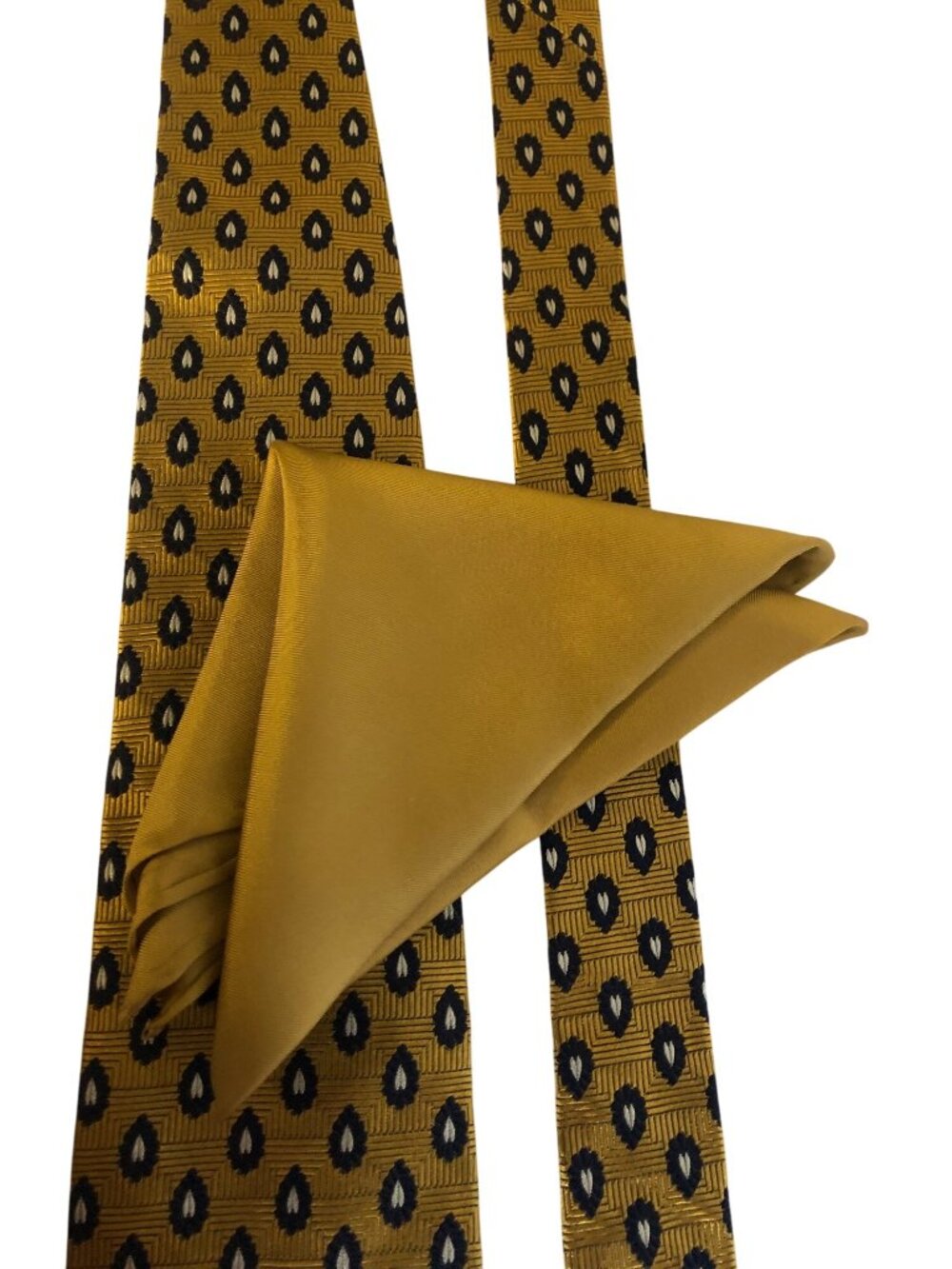 Faconnable Gold Black Silk Tie Pocket Square Mens Necktie France Formal Office